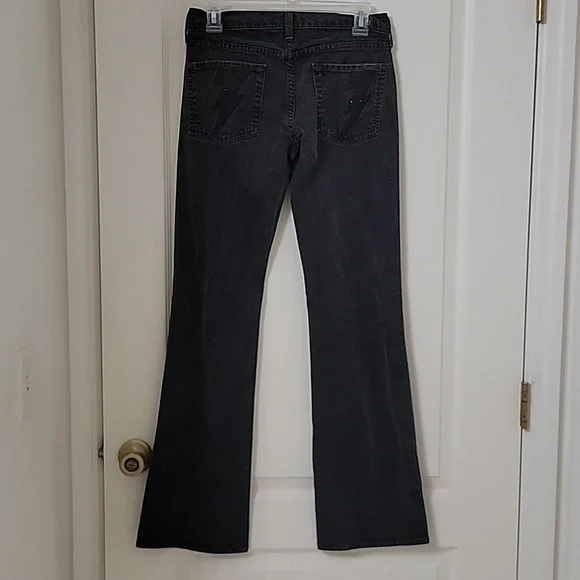 7 For All Mankind, Size 27 Washed Black Flared Jeans w/Sparkle Lightning Bolts - Picture 14 of 15
